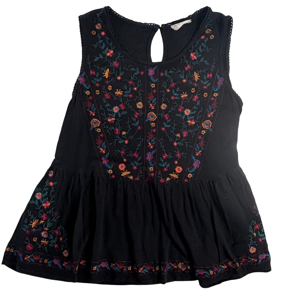 Altered State Black Floral Embroidered Sleeveless Peplum Top Medium C0344